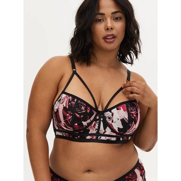 Torrid SZ 3 NWT BLACK & PINK ROSE POWER MESH STRAPPY UNLINED UNDERWIRE LONGLINE - Picture 1 of 6